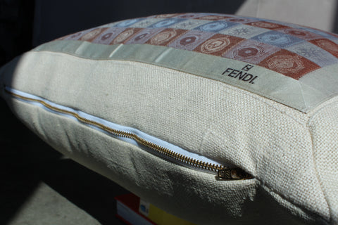 23. Fendi Brown Blue, Canvas Cotton Pillow Cover, Repurposed Antique Pocket Square 1990