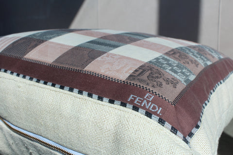 20. Fendi Checker, Canvas Cotton Pillow Cover, Repurposed Antique Pocket Square 1990