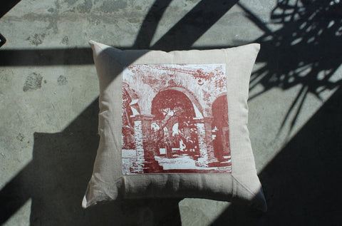 14. Set of 2, California Missions, Linen Pillow Cover, Repurposed Antique Pocket Square 1940