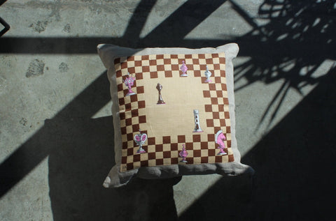 28. Erin O'Dell Chess Board, Linen Pillow Cover, Repurposed Antique Pocket Square 1950