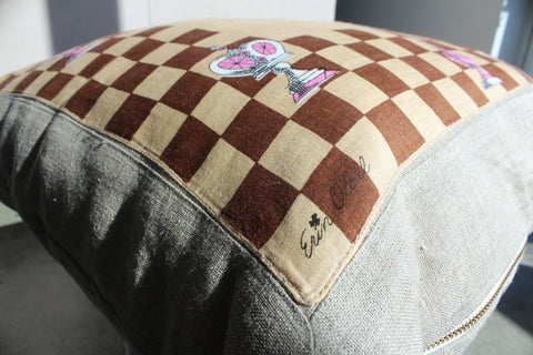 28. Erin O'Dell Chess Board, Linen Pillow Cover, Repurposed Antique Pocket Square 1950