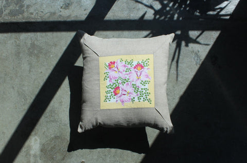 27. Pink Daffodil, Linen Pillow Cover, Repurposed Antique Pocket Square 1950
