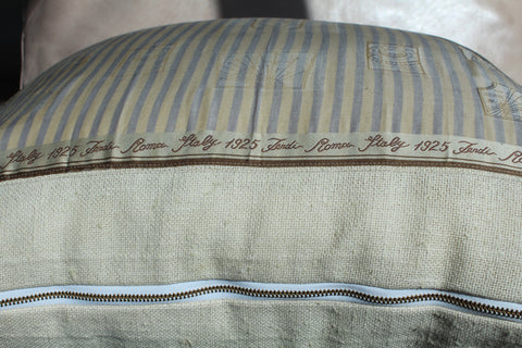21. SOLD_Fendi Roma Stripe, Canvas Cotton Pillow Cover, Repurposed Antique Pocket Square 1990