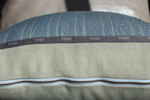 22. Fendi Letters, Canvas Cotton Pillow Cover, Repurposed Antique Pocket Square 1990