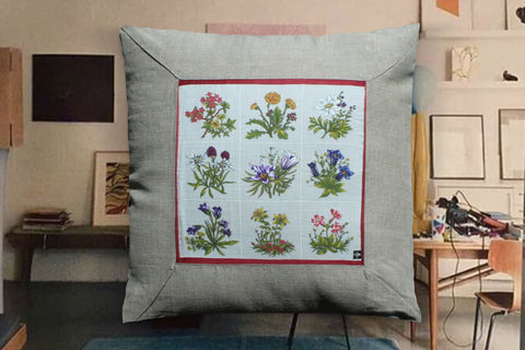 26. Fisba-Stoffels Mountain Flowers, Linen Pillow Cover, Repurposed Antique Pocket Square 1970