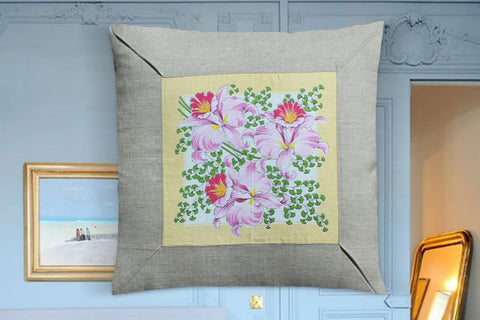 27. Pink Daffodil, Linen Pillow Cover, Repurposed Antique Pocket Square 1950