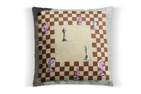 28. Erin O'Dell Chess Board, Linen Pillow Cover, Repurposed Antique Pocket Square 1950