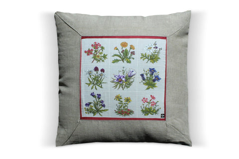 26. Fisba-Stoffels Mountain Flowers, Linen Pillow Cover, Repurposed Antique Pocket Square 1970