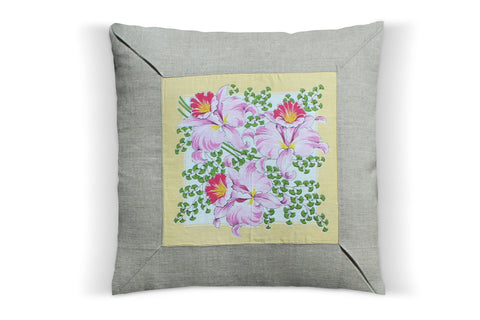 27. Pink Daffodil, Linen Pillow Cover, Repurposed Antique Pocket Square 1950