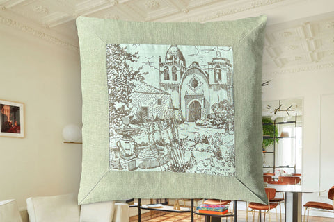 14. Set of 2, California Missions, Linen Pillow Cover, Repurposed Antique Pocket Square 1940