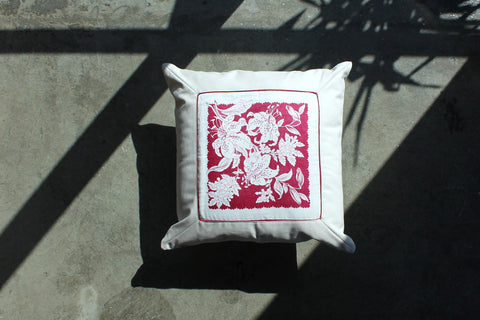 2. Burgundy Botanical, Cotton Pillow Cover, Repurposed Antique Pocket Square 1960