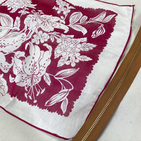 2. Burgundy Botanical, Cotton Pillow Cover, Repurposed Antique Pocket Square 1960
