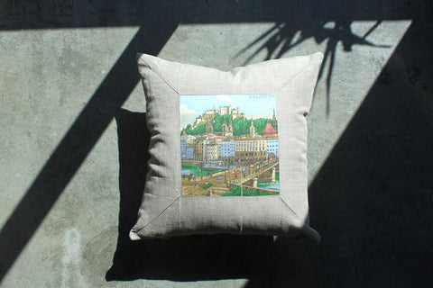 9. Salzburg Germany Souvenir, Linen Pillow Cover, Repurposed Antique Pocket Square 1960