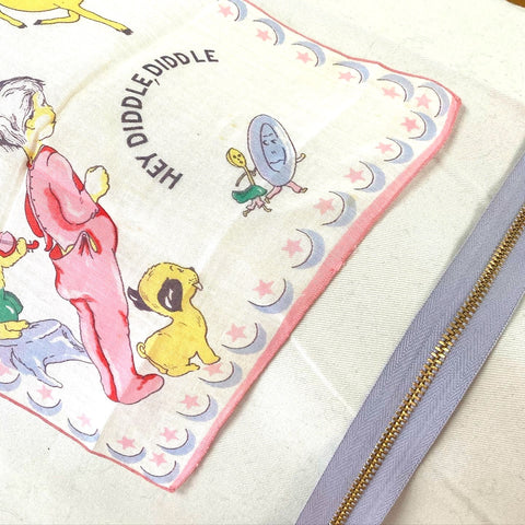 Hey Diddle, Diddle, Linen Pillow Cover, Repurposed Antique Pocket Square 1950