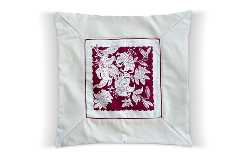 2. Burgundy Botanical, Cotton Pillow Cover, Repurposed Antique Pocket Square 1960