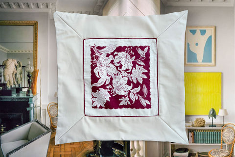 2. Burgundy Botanical, Cotton Pillow Cover, Repurposed Antique Pocket Square 1960