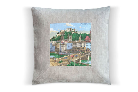 9. Salzburg Germany Souvenir, Linen Pillow Cover, Repurposed Antique Pocket Square 1960