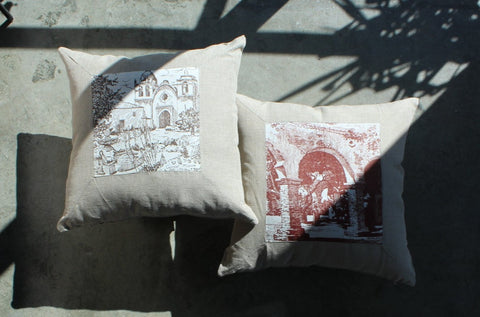 14. Set of 2, California Missions, Linen Pillow Cover, Repurposed Antique Pocket Square 1940
