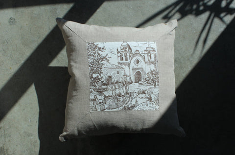 14. Set of 2, California Missions, Linen Pillow Cover, Repurposed Antique Pocket Square 1940
