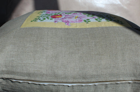 27. Pink Daffodil, Linen Pillow Cover, Repurposed Antique Pocket Square 1950