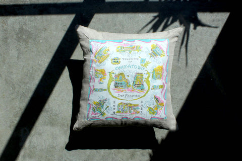 15. Chinatown San Francisco Souvenir, Linen & Silk Pillow Cover, Repurposed Antique Pocket Square 1950